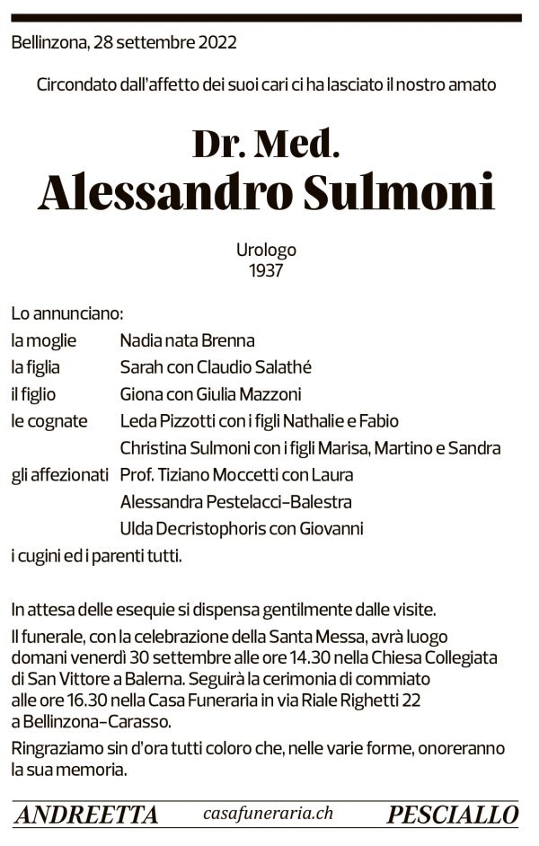 Annuncio funebre Alessandro Sulmoni