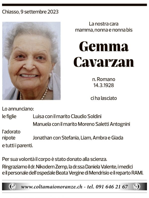 Annuncio funebre Gemma Cavarzan