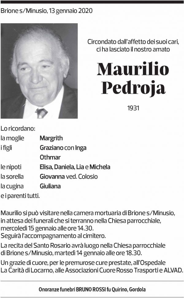 Annuncio funebre Maurilio Pedroja