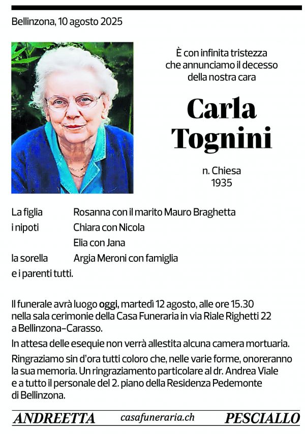 Annuncio funebre Carla Tognini
