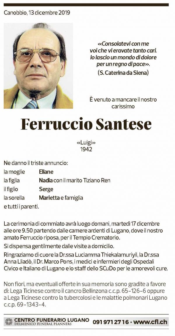 Annuncio funebre Ferruccio Santese
