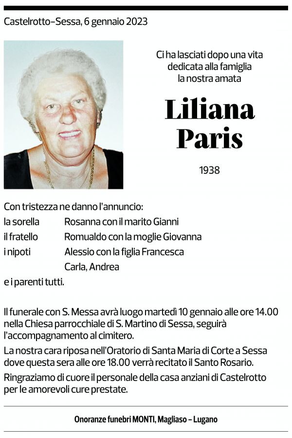 Annuncio funebre Liliana Paris