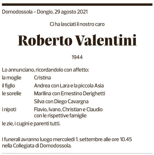 Annuncio funebre Roberto Valentini