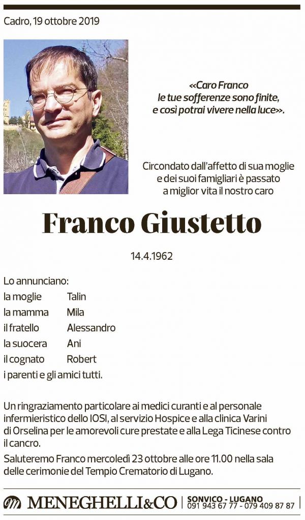 Annuncio funebre Franco Giustetto