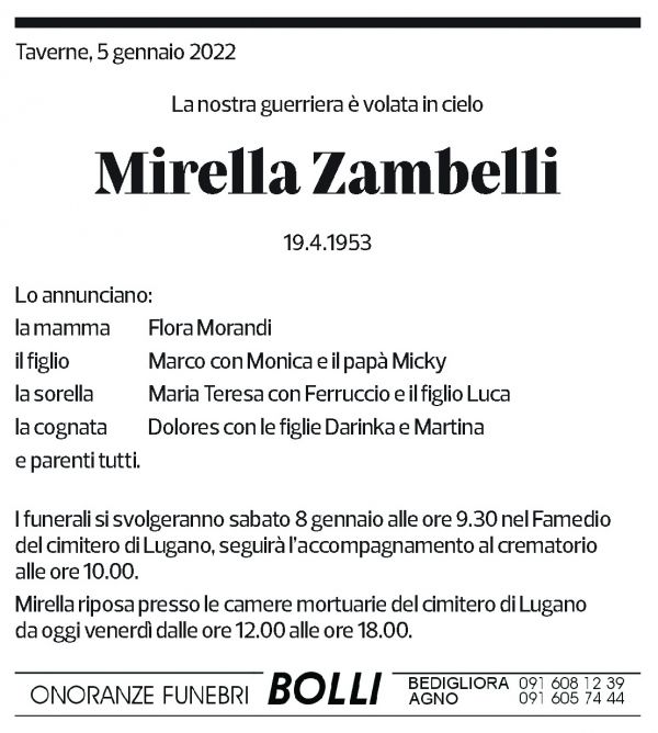 Annuncio funebre Mirella Zambelli