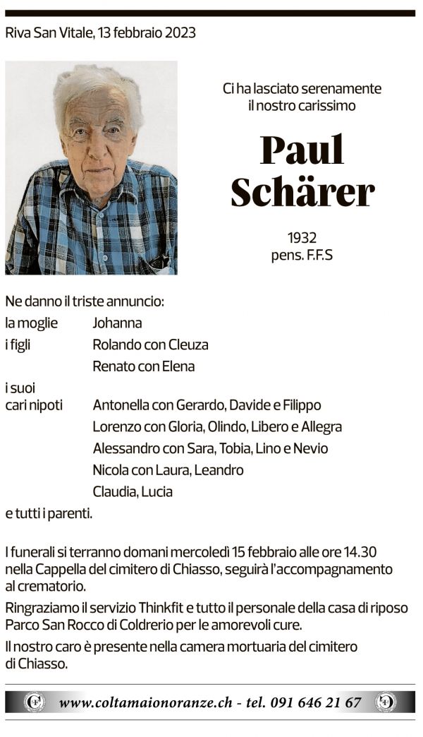 Annuncio funebre Paul Schärer