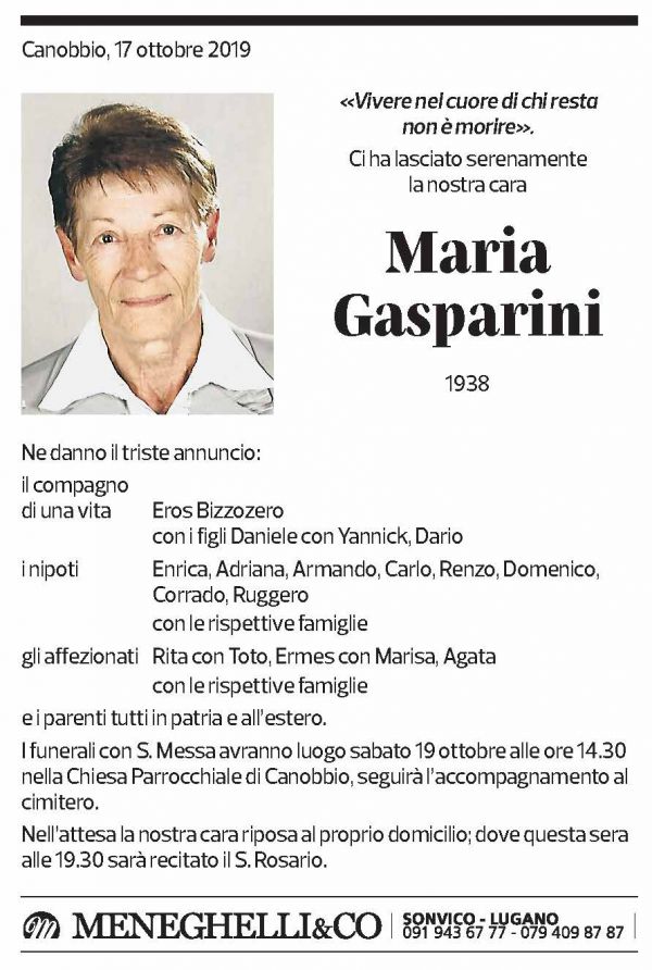 Annuncio funebre Maria Gasparini