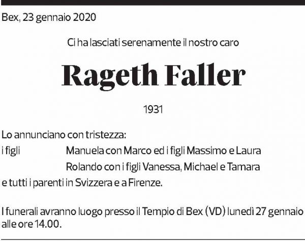 Annuncio funebre Rageth Faller