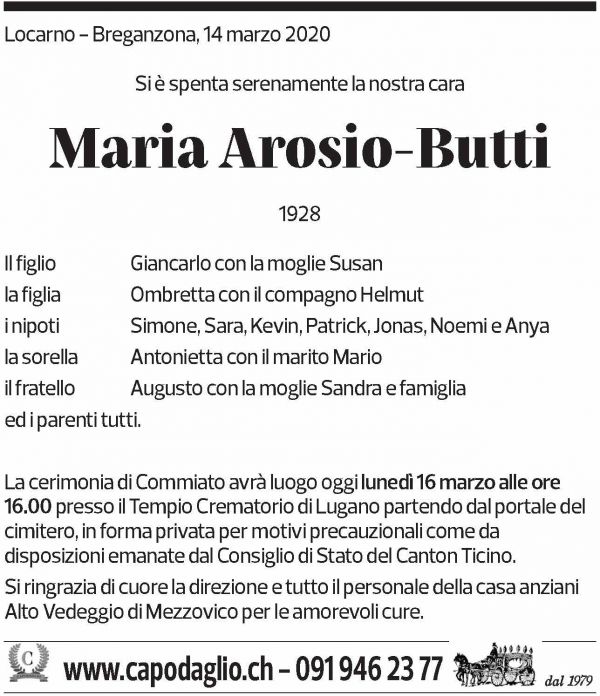 Annuncio funebre Maria Arosio-butti