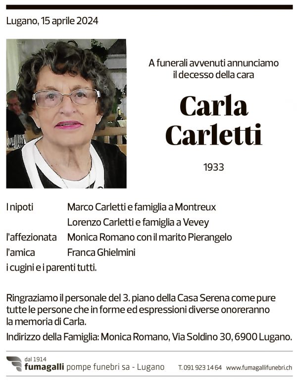 Annuncio funebre Carla Carletti