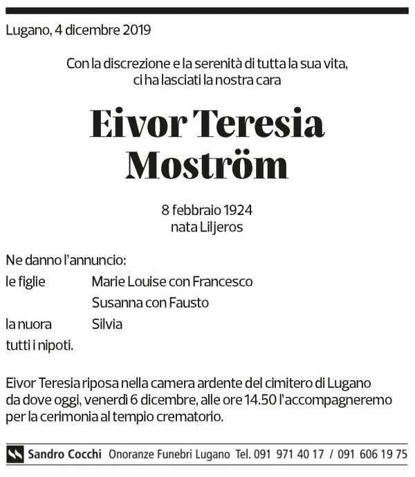 Annuncio funebre Eivor Teresia Moström