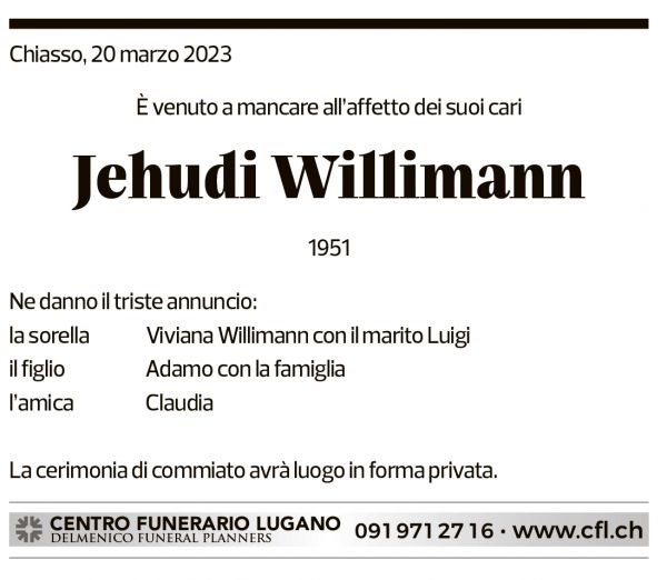 Annuncio funebre Jehudi Willimann