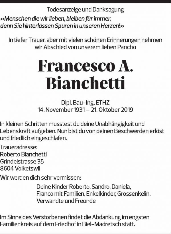 Annuncio funebre Francesco A. Bianchetti