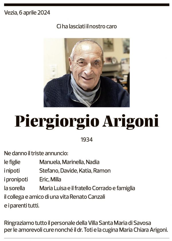 Annuncio funebre Piergiorgio Arigoni