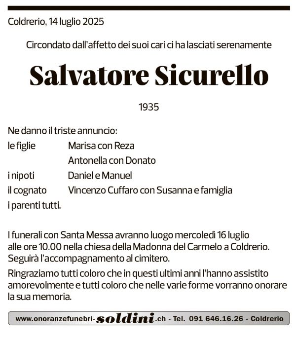 Annuncio funebre Salvatore Sicurello