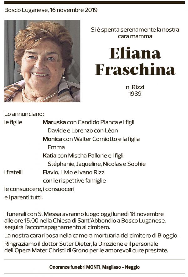 Annuncio funebre Eliana Fraschina