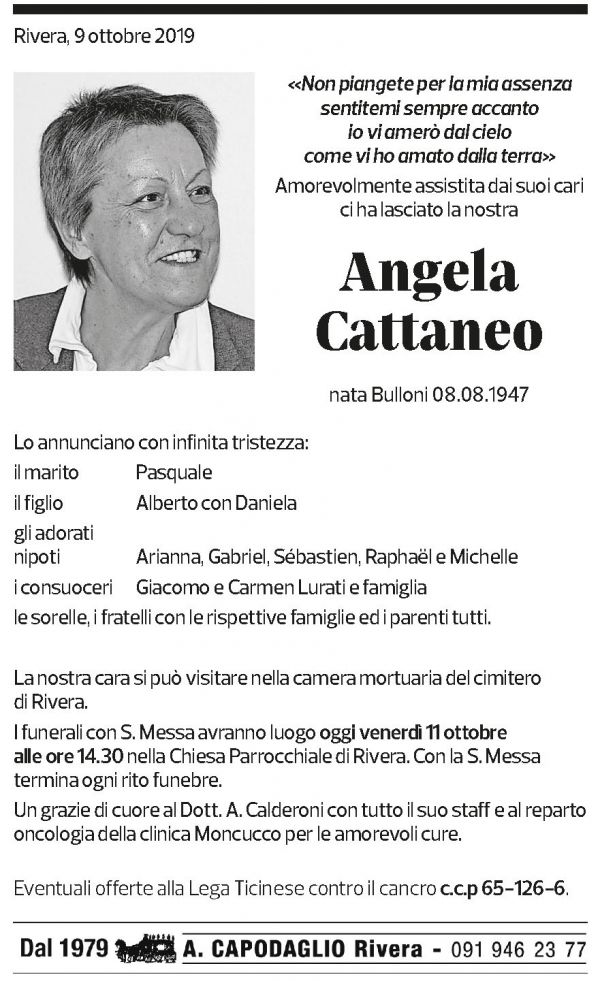 Annuncio funebre Angela Cattaneo