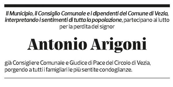 Annuncio funebre Antonio Arigoni