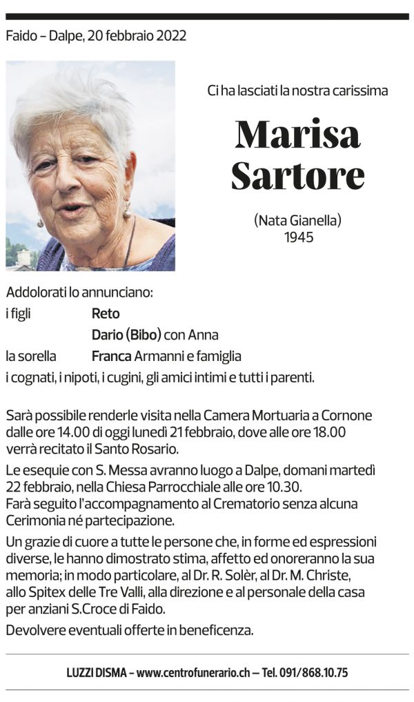 Annuncio funebre Marisa Sartore