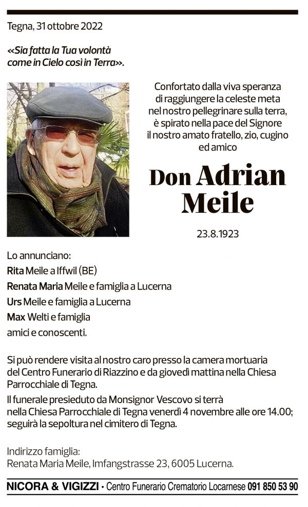 Annuncio funebre Adrian Meile