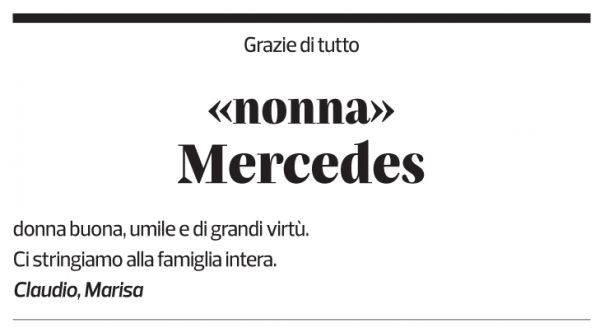 Annuncio funebre Mercedes Soragni