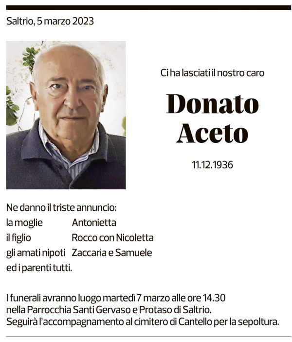 Annuncio funebre Donato Aceto