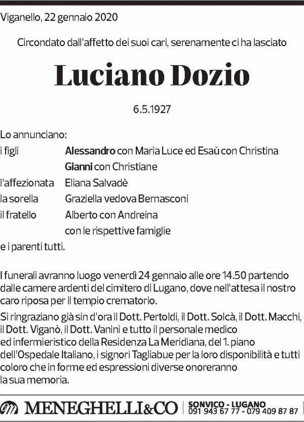 Annuncio funebre Luciano Dozio