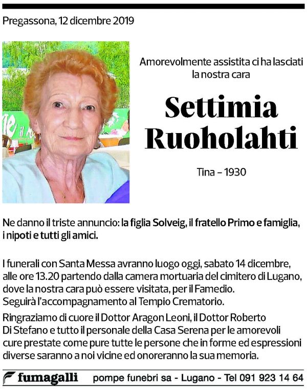 Annuncio funebre Settimia Ruoholahti