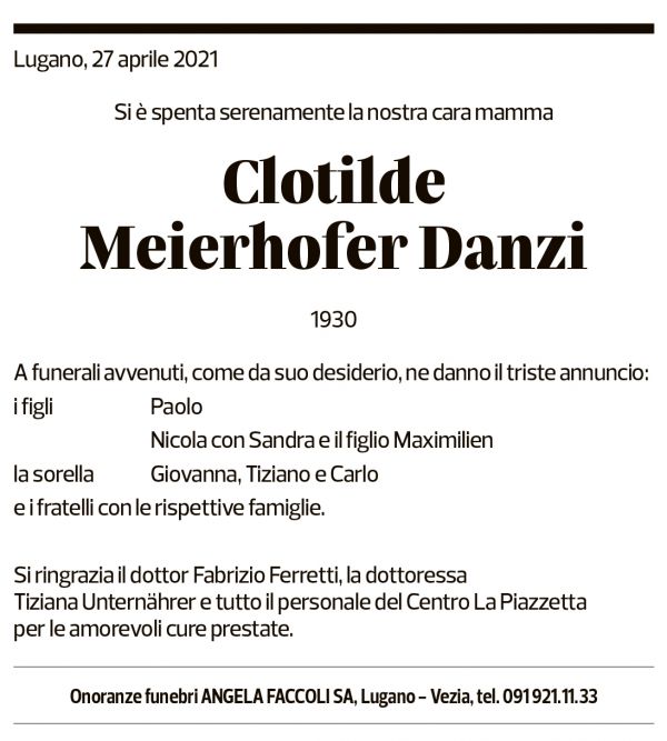 Annuncio funebre Clotilde Meierhofer Danzi