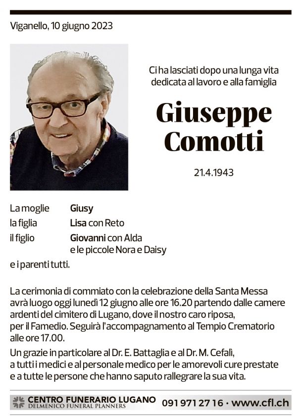 Annuncio funebre Giuseppe Comotti