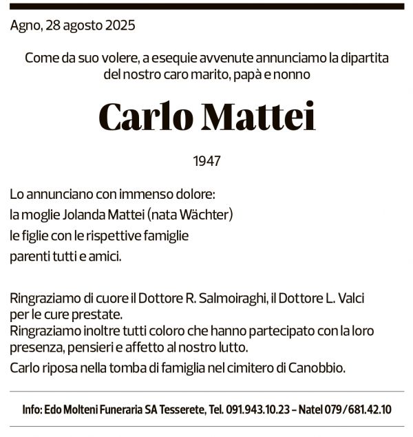 Annuncio funebre Carlo Mattei