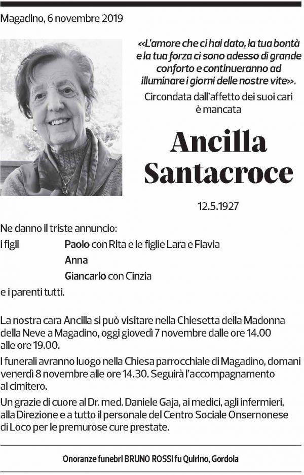 Annuncio funebre Ancilla Santacroce