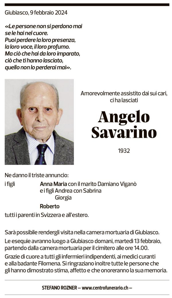 Annuncio funebre Angelo Savarino