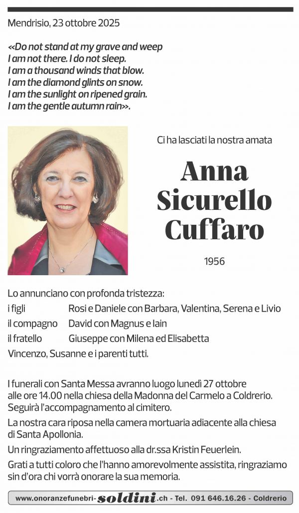 Annuncio funebre Anna Sicurello Cuffaro