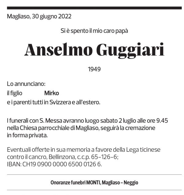 Annuncio funebre Anselmo Guggiari