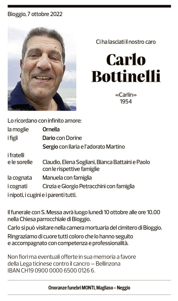 Annuncio funebre Carlo Bottinelli