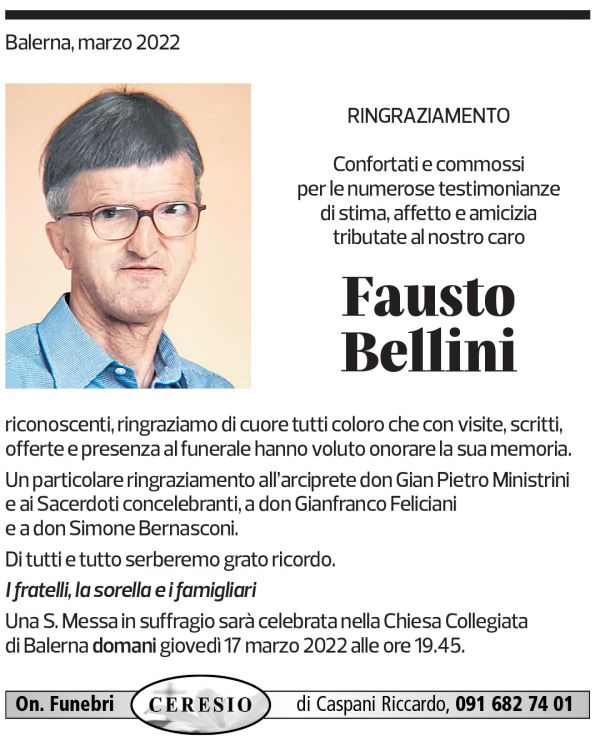 Annuncio funebre Fausto Bellini