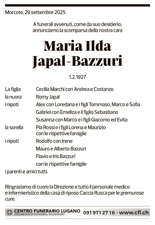 Annuncio funebre Maria Ilda Japal-bazzurri