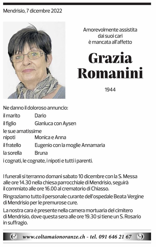 Annuncio funebre Grazia Romanini