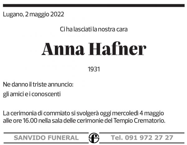 Annuncio funebre Anna Hafner