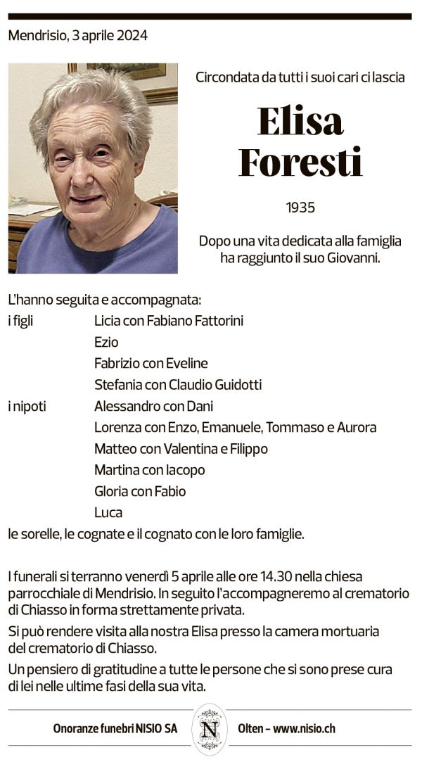 Annuncio funebre Elisa Foresti