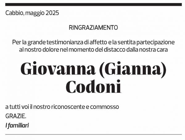 Annuncio funebre Giovanna Codoni