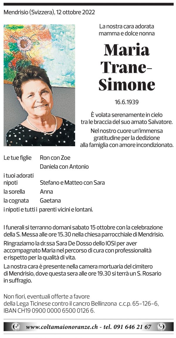 Annuncio funebre Maria Trane-simone