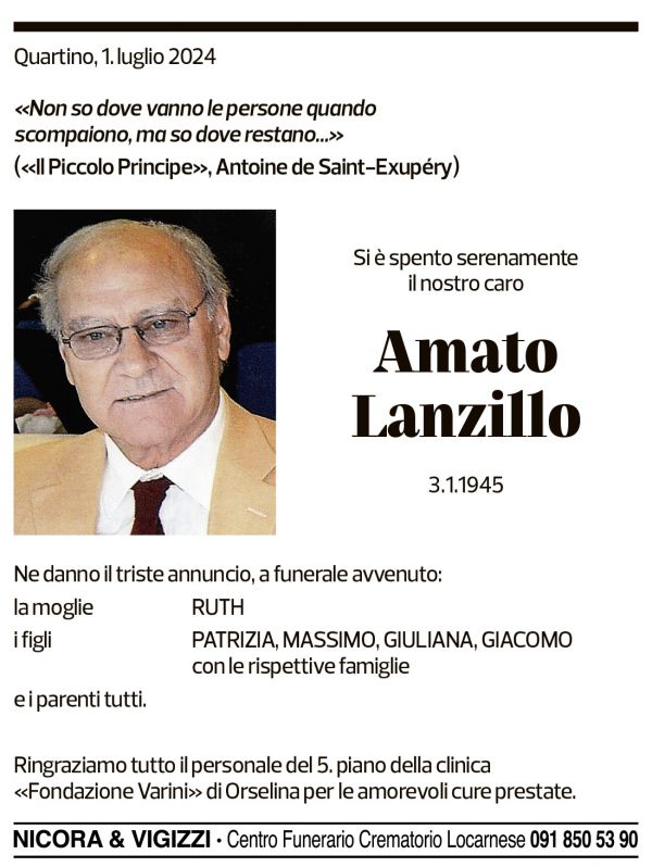 Annuncio funebre Amato Lanzillo