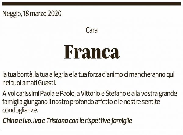 Annuncio funebre Franca Bernasconi