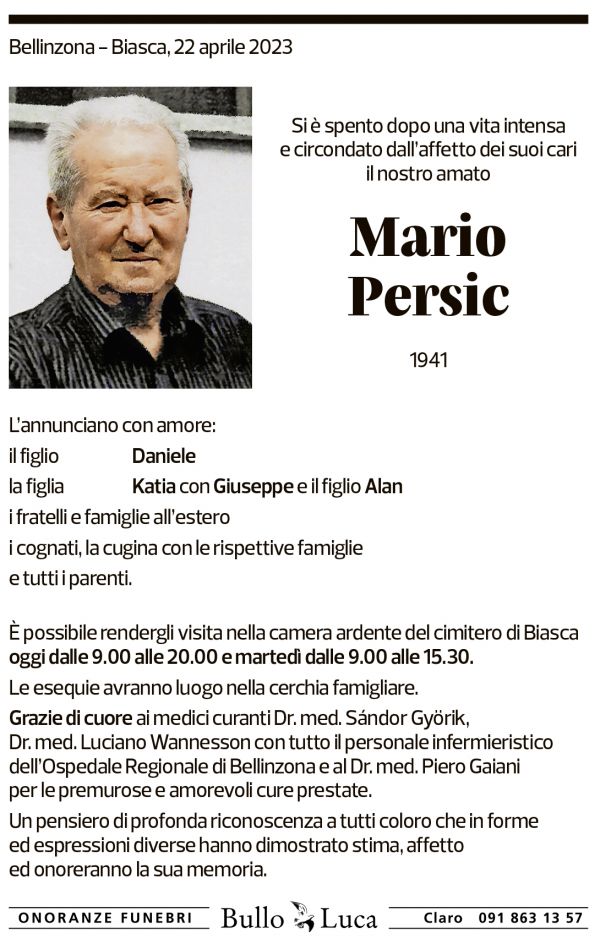 Annuncio funebre Mario Persic