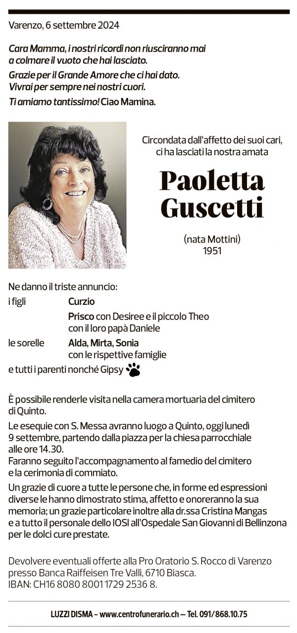 Annuncio funebre Paoletta Guscetti