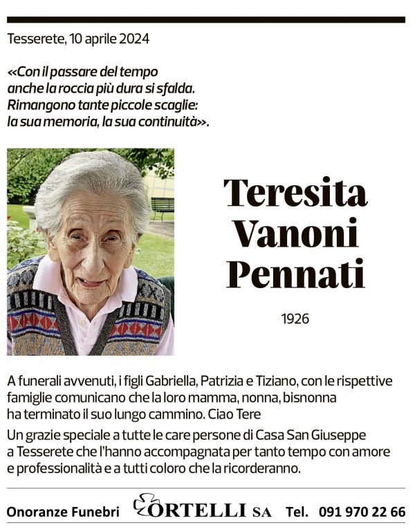 Annuncio funebre Teresita Vanoni Pennati