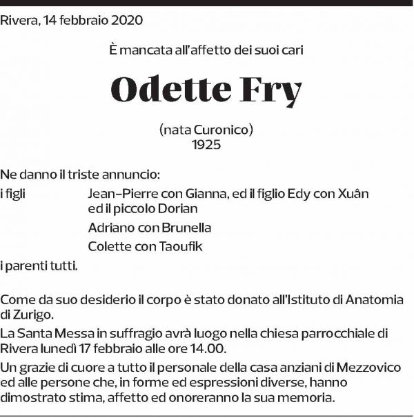 Annuncio funebre Odette Fry
