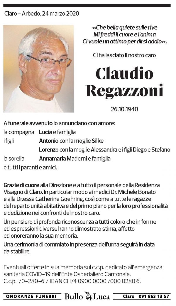 Annuncio funebre Claudio Regazzoni